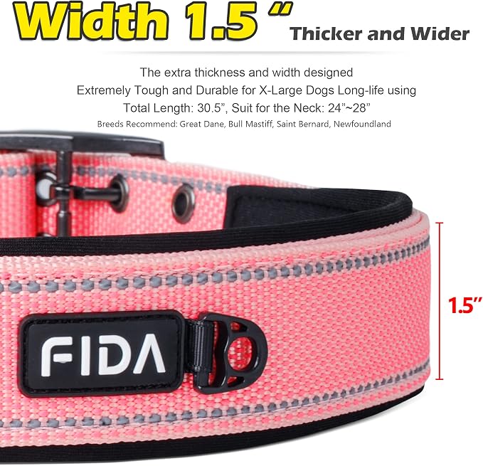 Fida Heavy Duty Dog Collar for Large Dogs with Metal Belt Buckle, Pink | 1.5" Width, Soft Neoprene Padded, Thicker Nylon Webbing, Adjustable Fit, Reflective Stitching for Night Safety