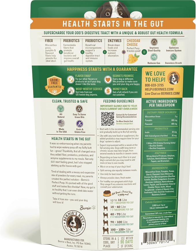 Bernie's Perfect Poop 4-in-1 Dog Digestion Supplement, Cheese, 12.8 oz