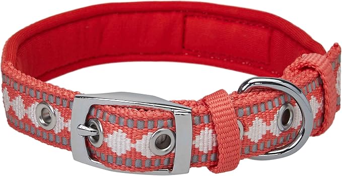 Blueberry Pet Reflective Jacquard Dog Collar with Neoprene Padding & Metal Buckle | Soft & Adjustable Safety Collar - Coral, Neck 13-16.5", for Medium Breed