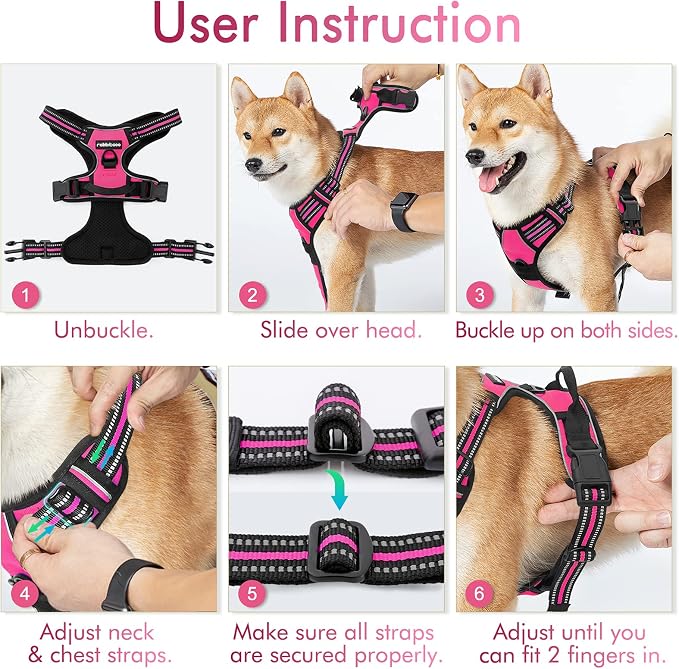 rabbitgoo Dog Harness, No Pull Medium Sized with 2 Leash Clips, Pet Vest | No Choke with Handle, Adjustable Soft Padded, Reflective, Easy Control for Walking, Hot Pink, Medium
