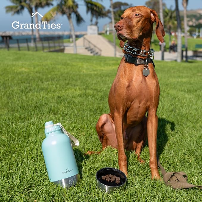 GrandTies Insulated Portable Dog Water Bottle with 2 Detachable Bowls, 64oz, Powder Green