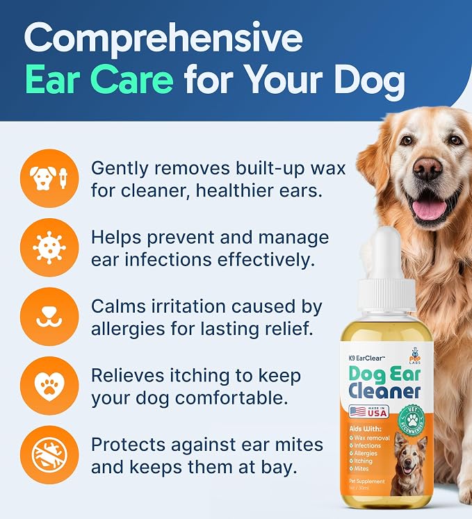 Pup Labs Ear Clear, Natural Dog Ear Cleaner and Infection Treatment for Dogs, Dog Drops for Itching, Irritation, & Wax Build-Up, 1 oz Bottle with Dropper
