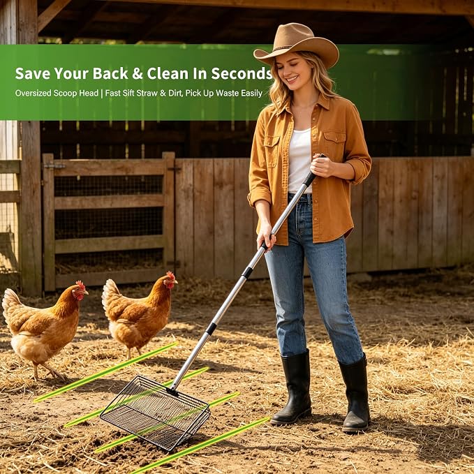 Aoocan Chicken Poop Scooper, 2-in-1 Coop Scoop with 10" & 15" Replaceable Heads, Dual Holes Sifter for Sand Litter, Heavy Duty Poop Shovel for Chicken Coop, Goat Stall & Beach