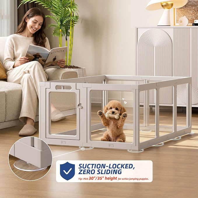 Clear Acrylic Dog Playpen Indoor, Puppy Cat Small Pet Play Pen, Pet Cat Playpen for Rabbits, Dog Fence Crate Kennel Whelping Cage (Grey, 12 Panel)