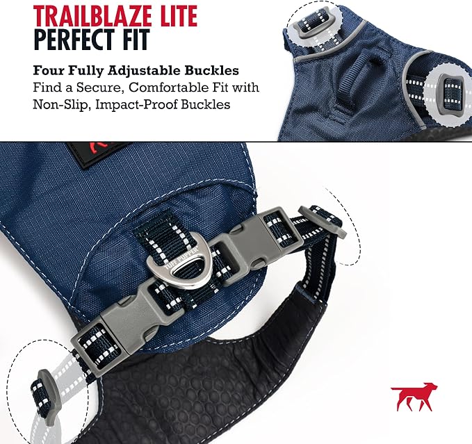 Tuff Pupper All-Day Wear Dog Harness | for Walking, Trail Running, Hiking | Front & Back Leash Clips | Reflective Trim | Easy On/Off Buckles | Lightweight Breathable | No Pull Design (Medium, Blue)