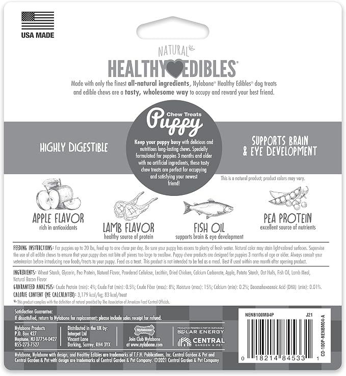 Nylabone Healthy Edibles Natural Puppy Chews Long Lasting Treats for Puppies, Lamb & Apple Flavor, Small/Regular (4 Count)