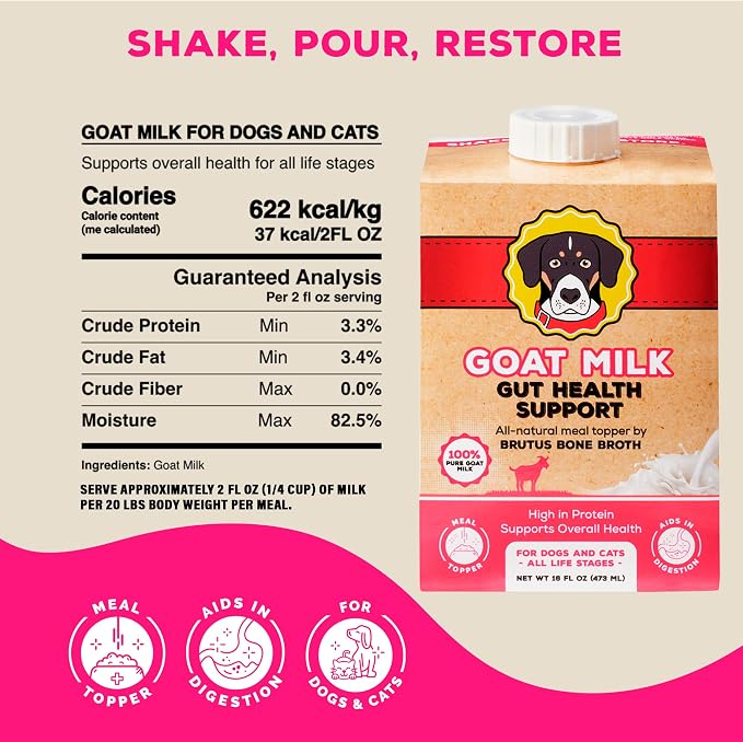 Goat Milk by Brutus Broth Meal Topper for Dogs and Cats – Formulated for Digestive Support & Moisture, Low-Lactose, Contains Natural Nutrients and Enzymes (Pack of 6)