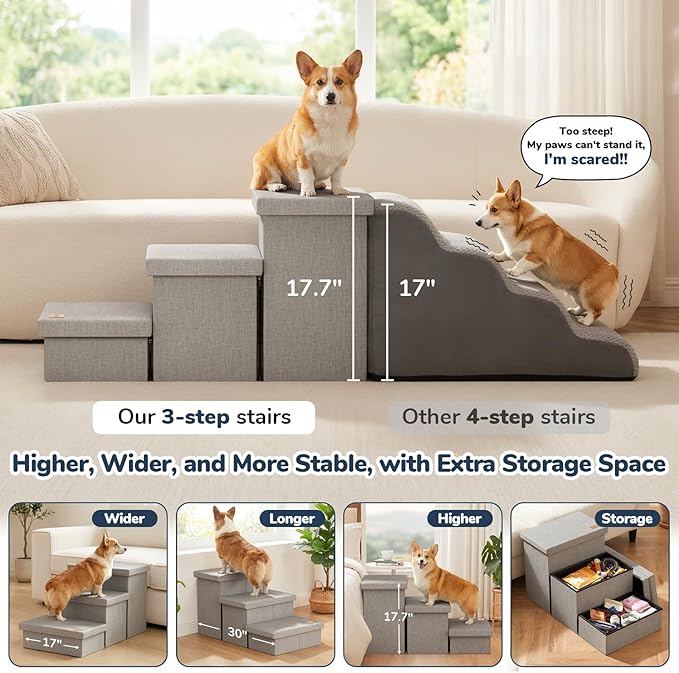 3-Step Wide Dog Stairs with Hidden Storage 18" H, Non-Slip Dog Steps for High Bed Couch Window Car, Jiont-Friendly Pet Stairs Ramp for Small/Medium/Large Old Dogs Cats Up to 220lbs, Grey