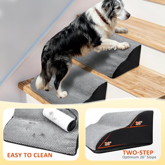 2-Step Dog Ramp for Stairs, Non-Slip Dog Stair Ramp, Stair Wedges for Dogs with Self-Sticky Pads to Fix, Low-Angled Pet Steps, for small/medium dogs, puppies, and aging pets needing joint care(2-Pack)