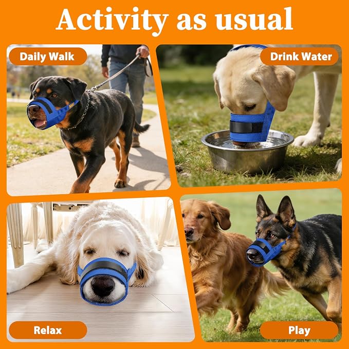 Adjustable Dog Muzzle, Fabric Medium Large Dog Muzzle Anti Biting | Soft & Sturdy, Prevents Fierce Barking Chewing, Grooming Walking Vet Visits Nail Care Use, Allows to Pant & Drink | Blue, L