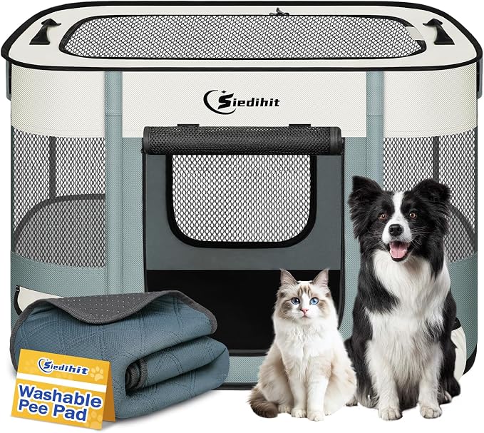 Dog & Cat Playpen with Carrying Case, Medium, Grey with Pad