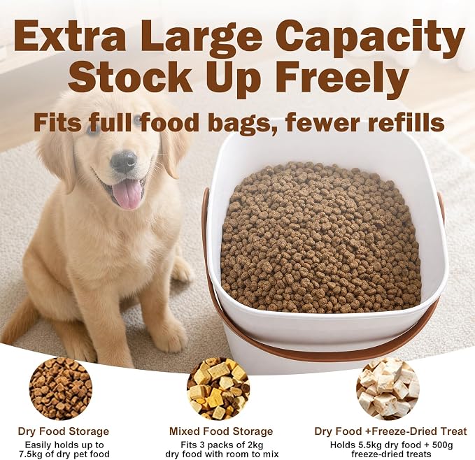 13L Smart Vacuum Pet Food Storage Container, Airtight with One-Touch Sealing, 5.5-7.5kg Large Capacity, White, with Handle and Scoop