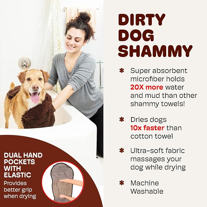 Dog Gone Smart The Dirty Dog Shammy - Fast Drying Plush Shammy Towel with Dual Hand Pockets and Elastic - Super Absorbent Polyamide Microfiber & Machine Washable - Brown, X-Large