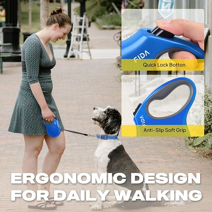 Fida Retractable Dog Leash, 16ft Heavy Duty Pet Walking Leash for Medium/Large Dog up to 110 lbs, Tangle Free. One-Hand Brake (Large, Blue)