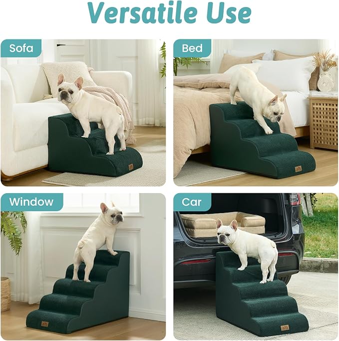 COZY KISS Wide Dog Stairs for Small Dog 19.7" H, Pet Step for Puppy, Older Cat, Curved Ramp for Bed, Durable Anti-Slip Ladder with High Density Foam, 4 Step, 17.7x28x19.7 inch, Dark Green