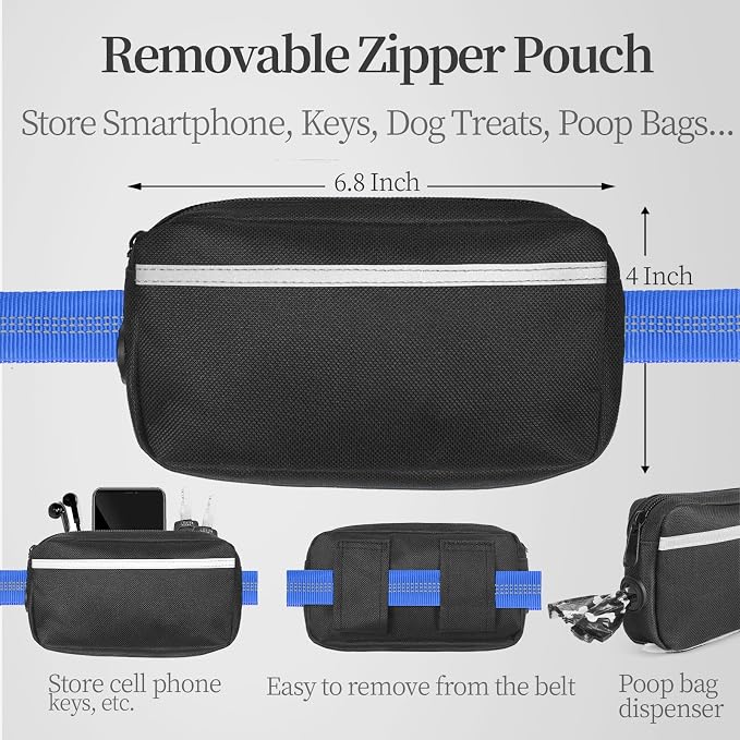 iYoShop Hands Free Dog Leash with Zipper Pouch, Large, 25-120LB, Royal Blue | Waist Leash, Dual Padded Handles, Shock-Absorbing Bungee, Adjustable Waist Belt, Walking and Running