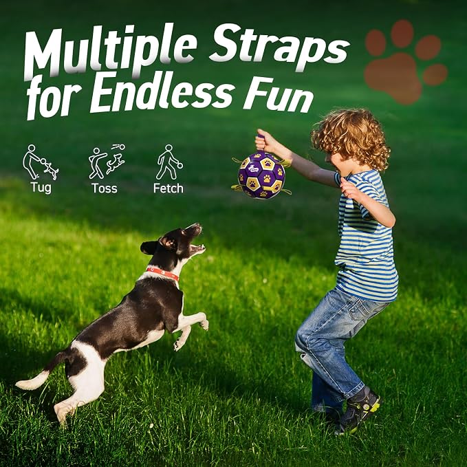 QDAN Dog Ropes Toys, Soccer Ball with Straps, Interactive Dog Toys for Tug of War, Dog Water Toy, Durable Balls for Medium Large Dogs（8 Inch） | 8 Inch Soccer Toy with Straps, Dog Tug Toy for Tug of War, Puppy Birthday Gifts, Training Herding Balls for ...