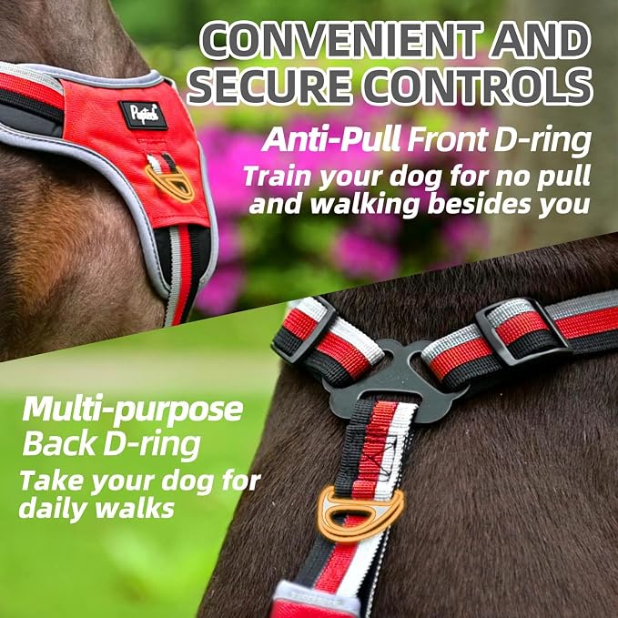 PUPTECK Escape Proof Dog Harness with Padded Handle, No Pull Pet Vest Harness Durable Reflective for Medium Large Dogs Walking Training and Running, Red, M