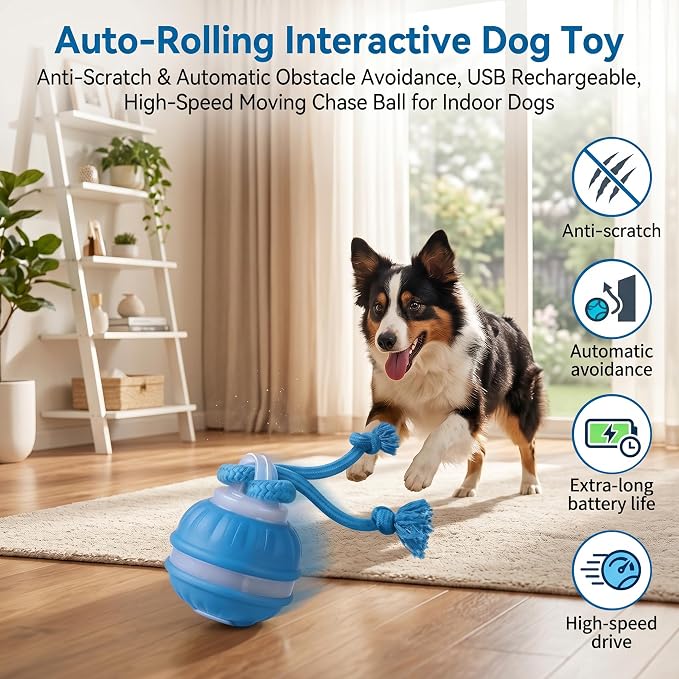 Interactive Dog Toys Automatic Rolling Ball with Rope Blue | Motion-Activated Play, Random Moving Electric Dog Ball with Sounds, Mental Stimulation, For Puppy Small Medium Dogs