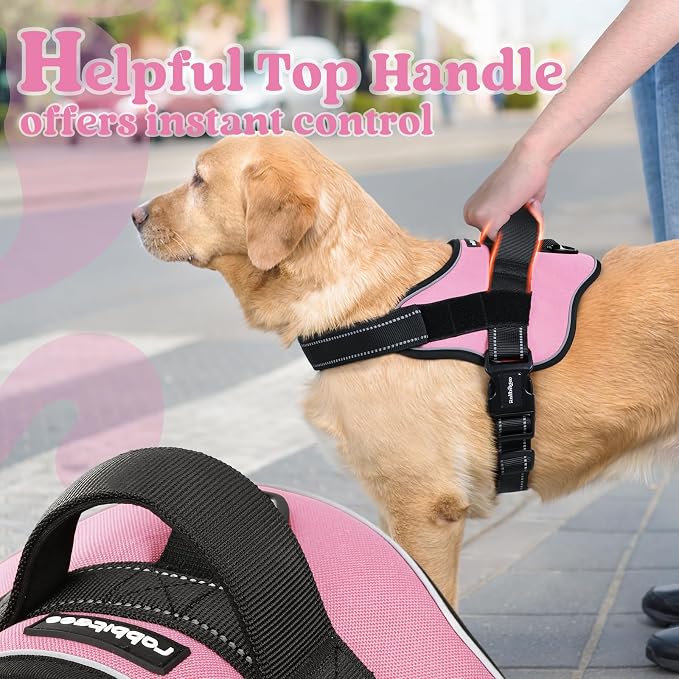 rabbitgoo No Pull No Choke Pet Vest, Adjustable Pet Harness with Molle | Large Sized Dog Harness, Reflective, Easy Wearing with One Buckle for Walking, Training, Pink, L