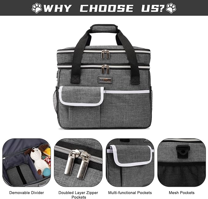BAGLHER Dog Travel Bag, Double-Layer, with Food Containers & Bowls, Grey