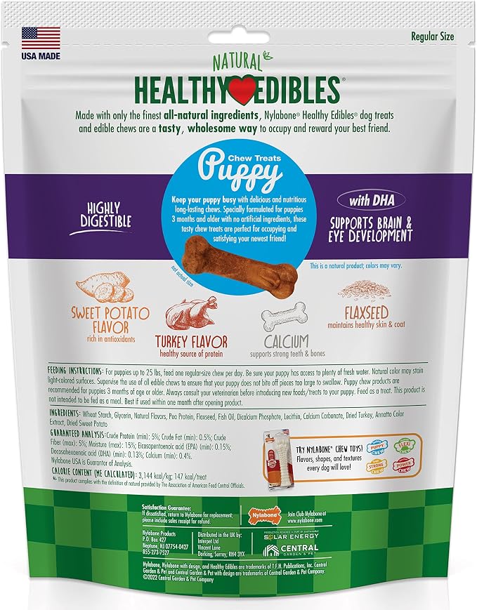 Nylabone Healthy Edibles Natural Puppy Chews Long Lasting Treats for Puppies, Turkey & Sweet Potato Flavor, Small/Regular (8 Count)