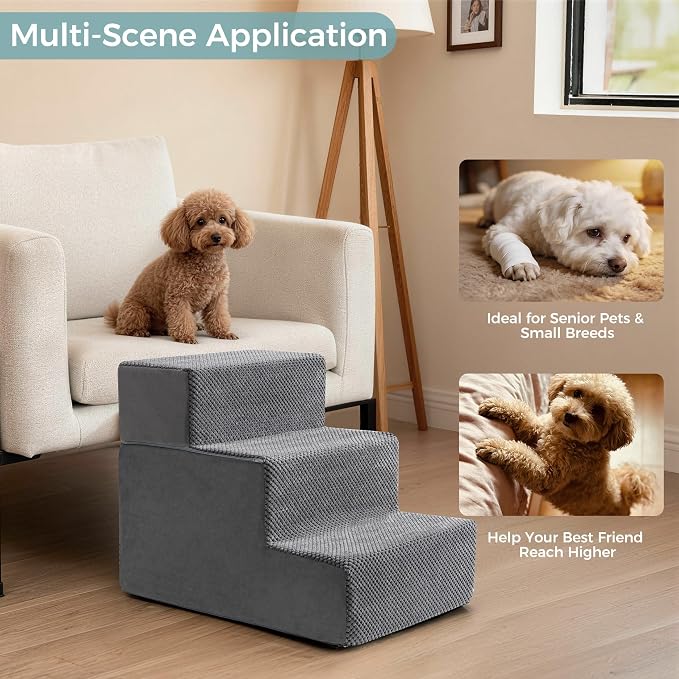 Dog Stairs, Steps and Ramp for High Bed & Sofa, 13-24" H Detachable Pet Stairs for Small Medium Dogs, Sturdy 40D Foam, Non-Slip, Washable Cover with Lint Roller, Grey