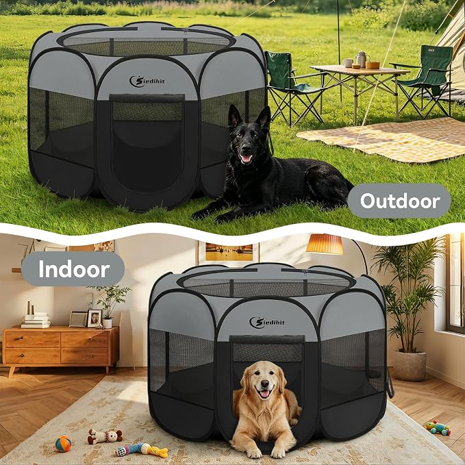 Siedihit Playpen for Extra Large Dog Cat, Dogs Tent Crate Cage Indoor/Outdoor, Portable Pop Up Dog Kennel with Carrying Bag for Rabbits, Removable Top (Dark Grey, Extra Large)