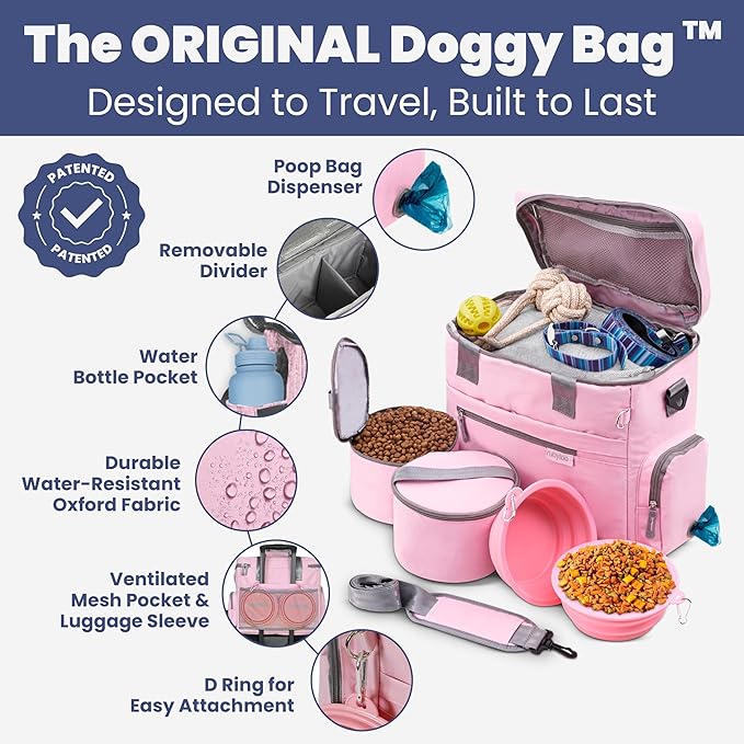 The Original Doggy Bag Dog Travel Kit with Bowls & Food Containers, Light Pink