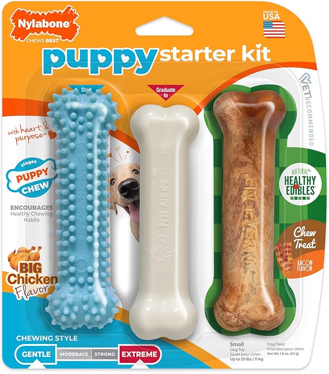 Nylabone New Puppy Starter Kit, Puppy Teething Toys, 3 Pack, Blue | Teething toys for puppies, natural chew treat & toy set for small dogs up to 25 lbs, long lasting chicken & bacon flavor