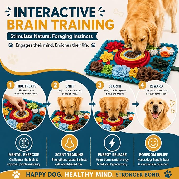PET ARENA Dog Snuffle Feeding Mat, Adjustable Nose Work Activity Toy | Encourages natural foraging, slows eating, reduces boredom, and provides mental enrichment for pets.