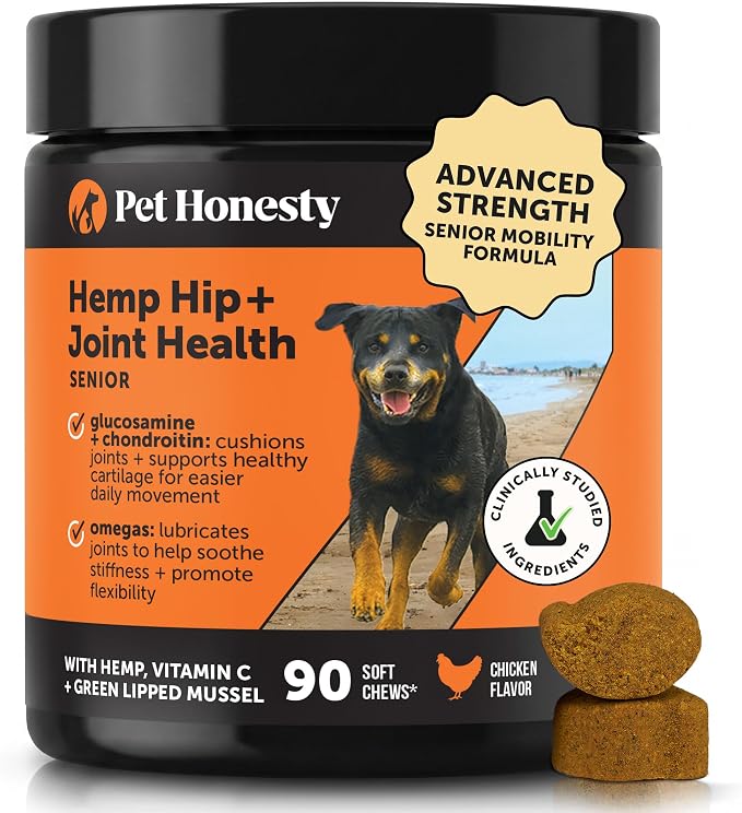 Pet Honesty Vet Recommended Hip and Joint Supplement for Dogs, 90 Count | Advanced strength dog joint supplement with glucosamine chondroitin, chicken, supports mobility, eases stiffness