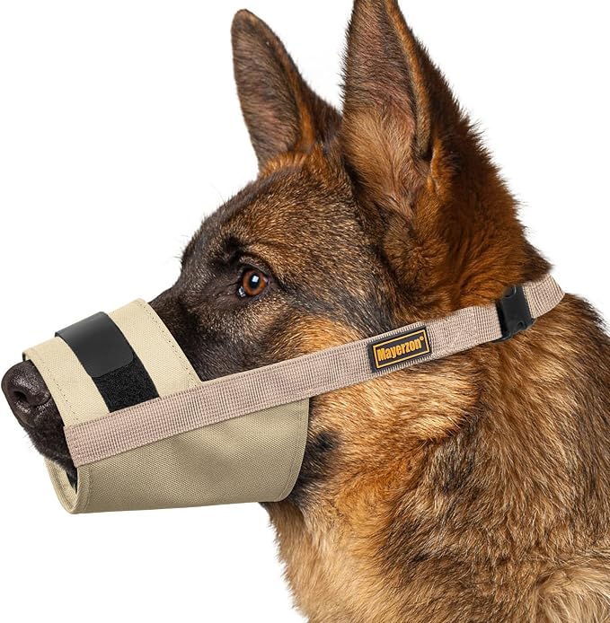 Adjustable Dog Muzzle, Fabric Medium Large Dog Muzzle Anti Biting | Soft & Sturdy, Prevents Fierce Barking Chewing, Grooming Walking Vet Visits Nail Care Use, Allows to Pant & Drink | Khaki, S