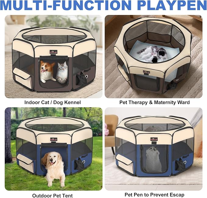 Aivituvin Dog Playpen with Carrying Bag, Removable Shade Cover, Blue, M