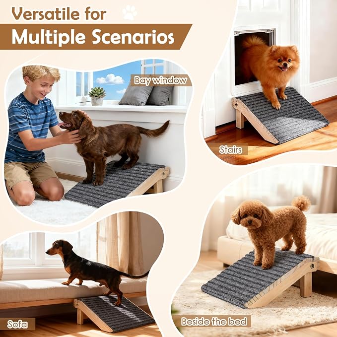 Foldable Dog Ramp for Stairs, Wooden Dog Stairs for Small Dogs | 4.2"H, 2 Pack, Up to 170 lbs, Assist Elderly/Injured Small Dogs, Anti-Slip Carpet Surface, Natural Solid Wood, No Assembly