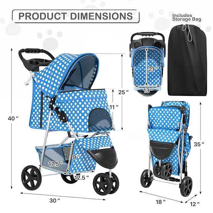 MoNiBloom 3-Wheel Foldable Pet Stroller - Sky Blue