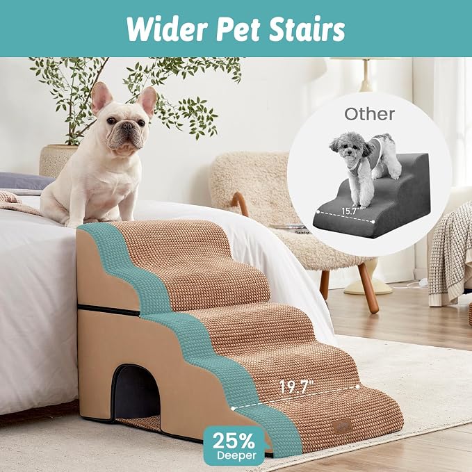 COZY KISS Small Dog Stairs with Tunnel, 5 Step Pet Ramp for High Bed | Curved Stable Dog Step for Puppy, Older Cat, Senior, Medium, Short-Legged Dog, Non-Slip Ladder for Car, 22.4" H, Light Brown