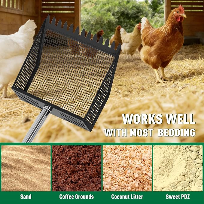 TOOGE Large Chicken Poop Scooper: 2-in-1 Metal Pooper Scooper & Rake Adjustable 62" Long Handle Stainless Steel Sand Sifting Litter Shovel Chicken Coop Scoop Cleaning for Bedding Goats Bright Black