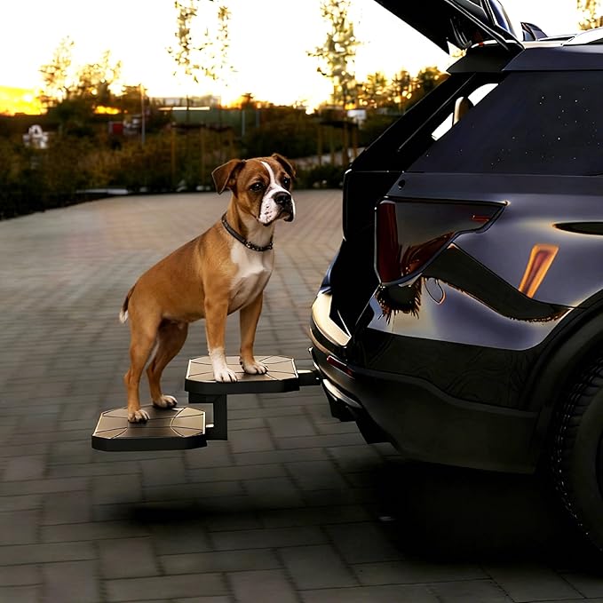 Dual-Step Foldable Pet Hitch Step, Foldable Two-Tier Flip-Out Dog Stairs Fits 2" Hitch Receiver, Dog Ramp Steps for Car, Truck & SUV Hitches, Heavy-Duty Alloy Frame & HDPE Non-Slip Surface