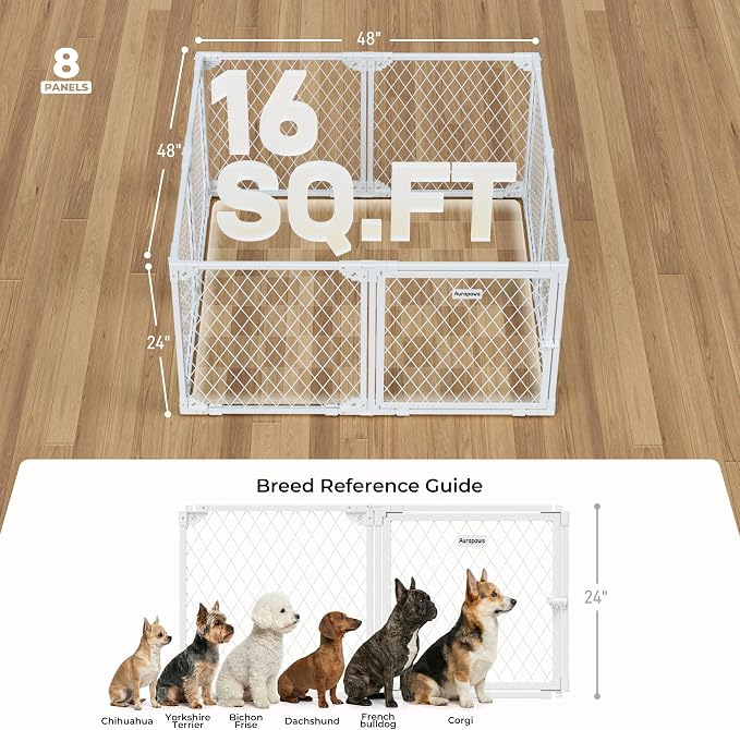 Dog Playpen Indoor - 24" Height 8 Panel Diamond Mesh Chew Resistant Puppy Playpen, Tool-Free Assembly, Dog Exercise Pen Indoors for Puppies and Small Dogs & Pets, Portable White Metal Dog Pen