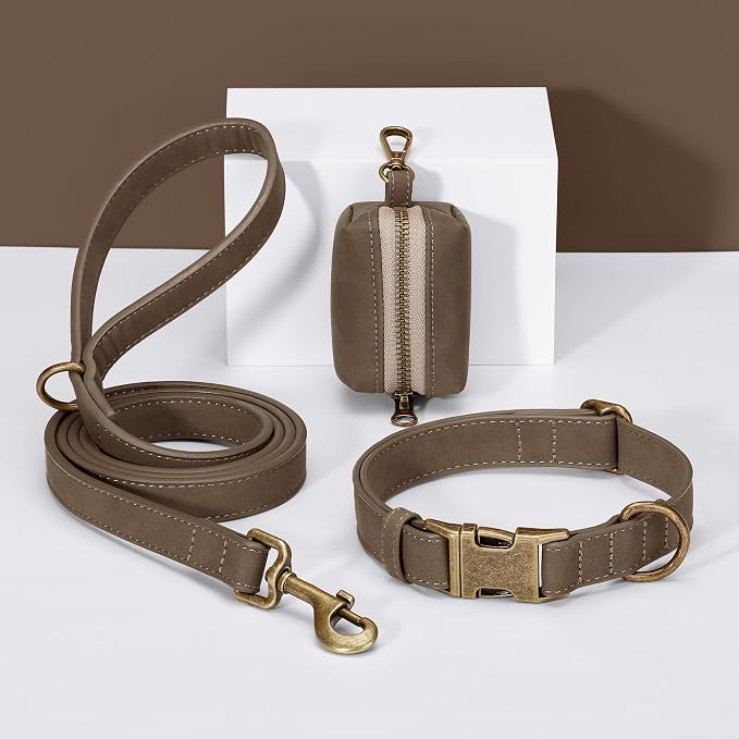 Didog Stylish Dog Poop Bag Holder for Leash, Easy-Pull and Colorful PU Leather Dog Poop Bag Dispenser with Metal Clip, Includes 1 Roll Pet Waste Bag for Daily Walking,Brown