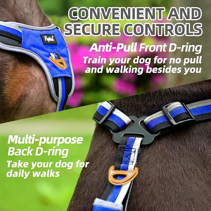 PUPTECK Escape Proof Dog Harness with Padded Handle, No Pull Pet Vest Harness Durable Reflective for Medium Large Dogs Walking Training and Running, Navy Blue, XL