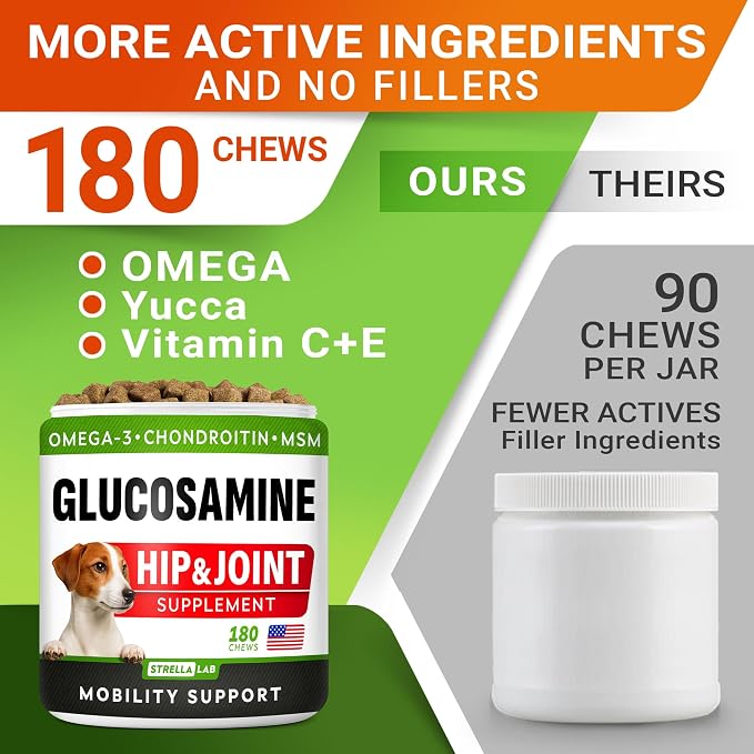Glucosamine Treats for Dogs - Joint Supplement w/Omega-3 Fish Oil - Chondroitin, MSM - Advanced Mobility Chews - Joint Pain Relief - Hip & Joint Care - Chicken Flavor - 180 Ct - Made in USA