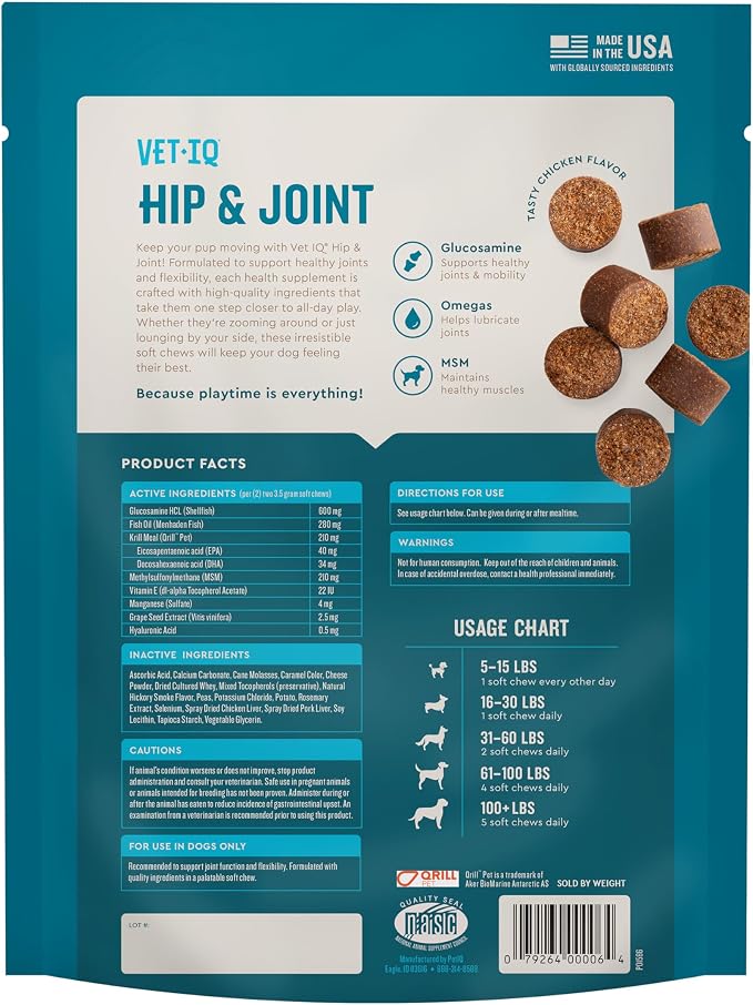 VetIQ Max Strength Hip & Joint Chews for Dogs, 90ct | Extra-strength joint support for senior & large breeds; glucosamine, MSM & krill oil; chicken flavor; daily chew