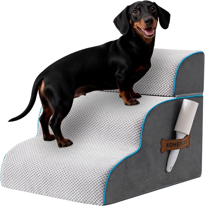 Dog Stairs, Steps and Ramp for High Bed & Sofa, 13-24" H Detachable Pet Stairs for Small Medium Dogs, Sturdy 40D Foam, Non-Slip, Washable Cover with Lint Roller, Grey