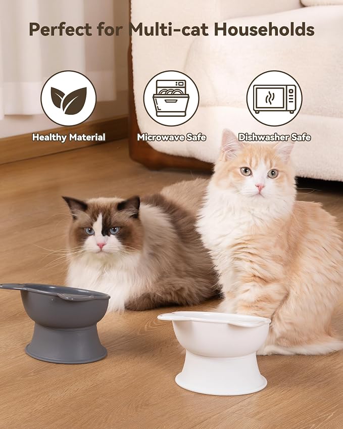 MateeyLife Elevated Cat Bowls, 2P Raised Food and Water Bowl Set for Indoor Cats & Small Dogs, Whisker Fatigue Cat Bowl, Anti Vomit Feeding Pet Bowls, 6 oz Each, Dishwasher Safe - White & Grey