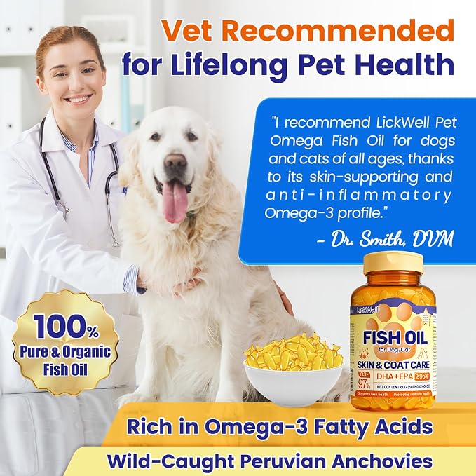 Fish Oil Pet Up to 97% Omega 3, 600 mg Omega 3 Per Soft Gel, Dog Fish Oil Supplement ≥95% EPA and DHA, Promotes Skin, Coat, Joint, and Immune Health, 100 Capsules