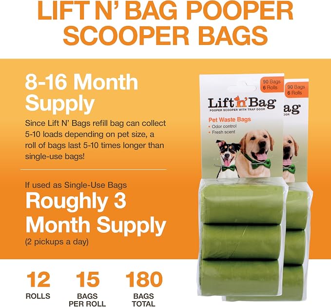 Neater Pets Lift N’ Bag Extra-Capacity Dog Poop Bags Rolls, 20% Thicker Leakproof Poop Bags for Dogs, Extra-Large Dog Pooper Scooper Refill Bags, 12 Rolls - 180 Count, Lavender Scent, 14.25” x 9.5”