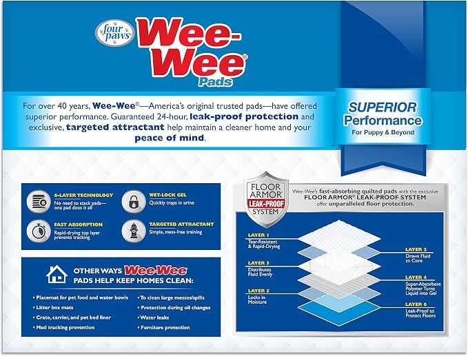 Four Paws Wee-Wee Superior Performance Unscented Pee Pads for Dogs & Puppies, Quilted Leak-Proof Dog Housebreaking Potty Training Floor Protection, 22" x 23", 100 Count
