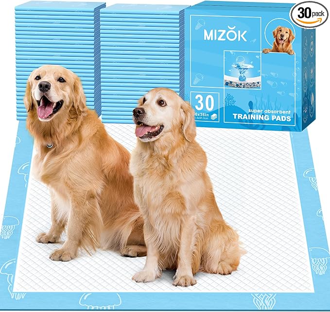 MIZOK 36x36in Dog Pee Pads Jumbo Disposable Dog Training Pads Super Absorbent Up to 11 Cups Marine Scented Odor-Control Dog Pads with Jellyfish Pattern, Quick Dry & Leak-Proof (30 Counts)
